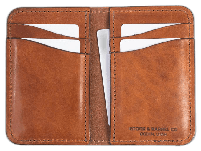 The No.52 wallet open: four card pockets and a center sleeve, hand-stitched